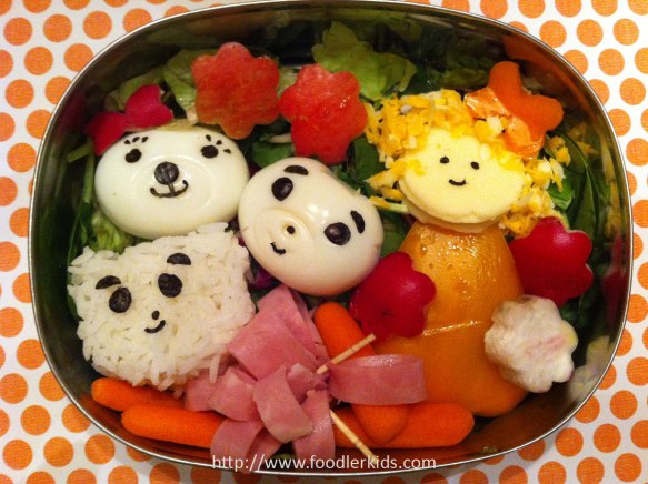 Rice bear, 2 egg bears, and Goldilocks orange pepper with cheese face and curls